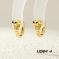 Close-up of gold cobra hoop earrings with black gemstone eyes and textured snake details - ER0841-A/Gold/Black Eyes