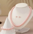 Pink 8mm pearl jewelry set with necklace bracelet and stud earrings for women - Pink