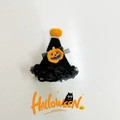 Handmade crochet Halloween pet wizard hat with orange pumpkin and lace trim detail - Black Pumpkin Wizard Hat