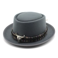 Detail of wool pork pie hat featuring ethnic woven band and silver bull head ornament - M (56-58cm) / Gray