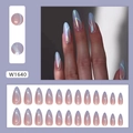 Uñas postizas almendradas aurora iridiscente con degradado azul-rosa y líneas blancas - Tipo de Pegamento / Aurora Iridiscente (W1640)