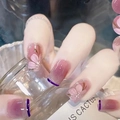 Roze en paarse gradiënt kunstnagels met kersenbloesemkunst en Franse tips - Lijmstijl (D-44)