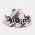 Detail of western cowboy hat featuring turquoise buckle and ethnic beaded decorative band - M (56-58cm) / Cow Print with 3-Layer Bead Turquoise (6#)