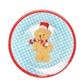 Plush Christmas bear with red Santa hat and striped scarf on a blue checkered plate - Light Brown Joint Bear with Red and White Scarf