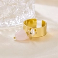 Gold wide band open ring featuring pink heart stone, metallic charm and small pearl - R00898G (Smooth Wide Band + Pink Heart + Gold Heart + Pearl)