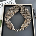 Khaki and black silk scarf necklace with floral magnetic pearl clasp and paisley pattern - Rose Buckle-Houndstooth Paisley / 37cm