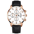 Detailed macro view of rose gold case white dial with sub-dials and date window - Black Strap Rose Gold Case White Dial Rose Gold Hands