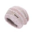 Pink knit beanie with cozy faux fur trim and JOYLORD leather patch for winter warmth - Pink
