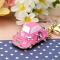 Pink enamel car keychain with sparkling crystals and silver metal ring for women - Pink Jelly Beetle