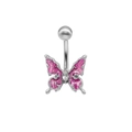 Pink enamel butterfly belly ring with shimmering glitter and marquise zircon in silver - Pink Glitter