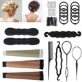 Hair styling tool kit featuring ponytail loop hair pins and sponge bun maker set - 41 Piece Set / Black/Coffee