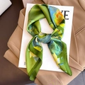 Elegant silk scarf with green and yellow lotus print styled on a khaki blazer - 70*70cm / Green