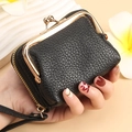 Black lychee pattern leather card holder with gold zipper and wrist strap for women - Black