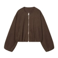 Women's dark brown knit bomber jacket with crew neck and front metal zipper - XS / Dark Brown