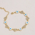 Gold evil eye heart bracelet with white enamel and sparkling zircon charms for women - Heart Style (SL0176)
