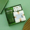 Dark green business gift set featuring a thermal mug, floral soap, and white bath towel - [Olive Green] Insulated Cup + Soap + Towel
