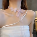 Detail of pink organza ribbon choker with 3D butterfly and white pearls on neck - Pink Butterfly Pearl Necklace (2# Necklace-Pink)