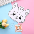DIY coloring paper fan with cartoon dog pattern and transparent plastic handle for kids - Corgi