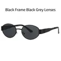 Retro-Oval-Sonnenbrille mit schwarzem Metallrahmen, grauen Gläsern und Logo-Prägung - Schwarzer Rahmen Schwarz Graue Gläser