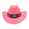 Detail of pink cowboy hat featuring blue floral embroidery and turquoise gemstone - Rose Pink (Floral Embroidery Band)