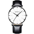 Detail of Geneva minimalist watch with black leather strap and white dial for men - Leather Strap Black Case White Dial