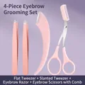 Pink 4-piece eyebrow grooming set with tweezers, razor, and scissors for beginners - Pink Eyebrow 4-Piece Set (Flat + Slant Tweezers + Scissors + Razor)