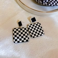 Luxurious gold-plated black and white checkerboard earrings with pearl detail - Acrylic Square Earrings / Black & White Check