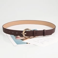 Women's dark brown faux leather belt with a golden round buckle and precise stitching - Coffee