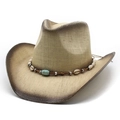 Detalle de sombrero vaquero de paja con caracoles, cuentas turquesas y ala degradada - Degradado Beige Marrón