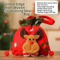 Christmas gift bag featuring 3D reindeer face on red non-woven fabric with green trim - Green Trim Non-woven Bag Reindeer