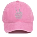 Close-up of skeleton hand embroidery and Good Vibes text on a pink washed baseball cap - Adjustable / Pink