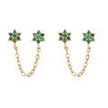 Detailed view of gold chain earrings with green zircon flowers for double piercings - Green Zircon/Double Hole
