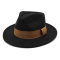 Classic black wool fedora hat with a wide brown fabric band on a white background - M (56-58cm) / Black
