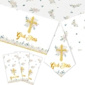 God Bless party decoration set with floral cross banners and religious cards - 137*274 Gold Tablecloth