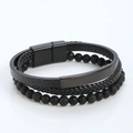 Detail of multi-layer black braided leather bracelet with magnetic clasp and metal plate - Black + Matte Black Clasp