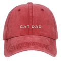 Detail shot of 3D CAT DAD embroidery on washed cotton red baseball cap fabric texture - Washed Red CAT DAD Embroidery Baseball Cap