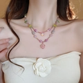 Collier double rang en perles de verre colorées avec pendentif fleur et goutte - 21# Collier goutte de fleur rose violet double couche