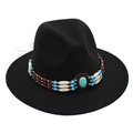 Detail of ethnic turquoise beaded band on a black wide brim wool felt jazz hat - One Size / Black