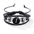 Men's multilayer black braided leather bracelet featuring a silver letter I charm - Letter-I