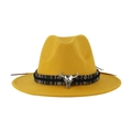 Cappello fedora elegante in feltro di lana giallo con fascia etnica e testa di toro - Adulto 58cm Taglia Unica / Giallo
