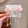 Pink and white floral Hanfu hair clips with pearl tassels for little girls - Double Layer Pink Flower