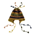 Colorful striped knit beanie with ear flaps, decorative tassels and soft pom-poms - Mustard Yellow