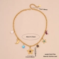 Collar de acero inoxidable dorado con estrella, luna, perlas y dijes de vidrio - Estilo Estrella Luna Gema Cuadrada Morada (3#)