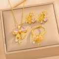 Gold bow jewelry set with pink heart gems, necklace, earrings and open ring in a box - Gold Pink 3-Piece Set (Necklace + Earrings + Ring)