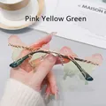 Pink, yellow, and green gradient butterfly-shaped rimless sunglasses with gold frame - Pink Yellow Green