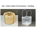 Round woven gift box with green leather cord, pearl detail, and clear PVC tote bag - Green Leather Rope Accessories + Handbag