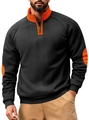 Detail of color-block fleece sweatshirt featuring orange stand collar and elbow patches - S / Black
