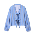 Women's light blue striped long sleeve poplin shirt with V-neck bow tie decorations - XS / Blue Stripe
