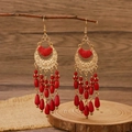 Bohemian ethnic hollow flower earrings with red beads and long fringe tassels - KC Gold 0565