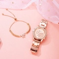 Rose gold women watch with rhinestone bezel and matching bead bracelet with bow charm - Rose Gold